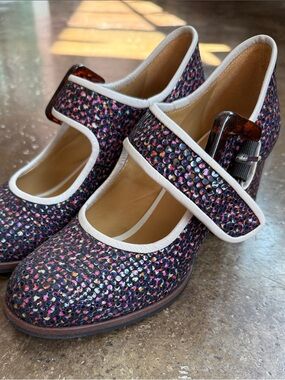 John Fluevog Cumulus Mary Jane Heels with White Trim. Color “pebble multi”